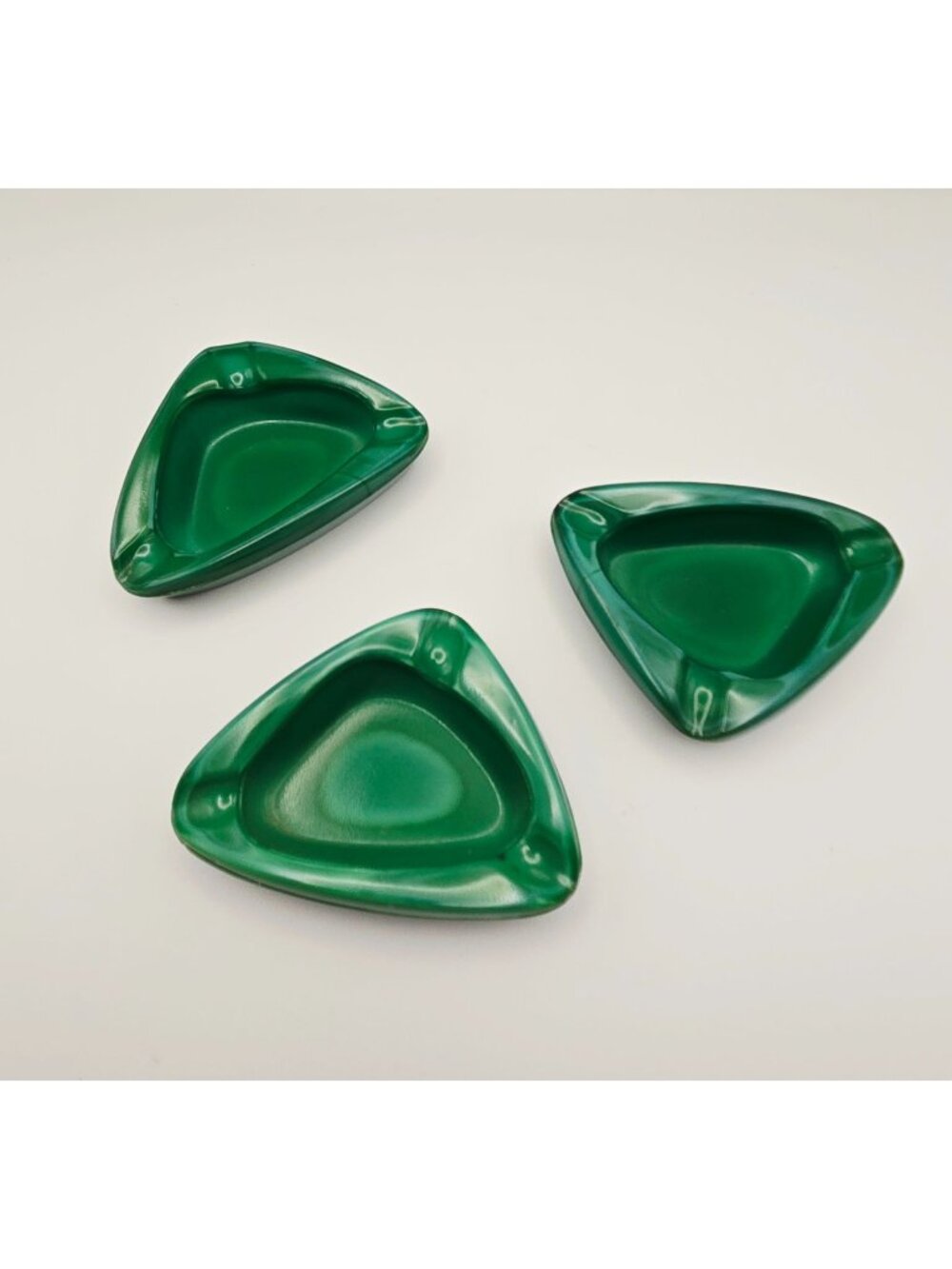 Set Of 3 Czech Vintage Retro Malichite Glass Green Marbled Triangle Trinket Dish